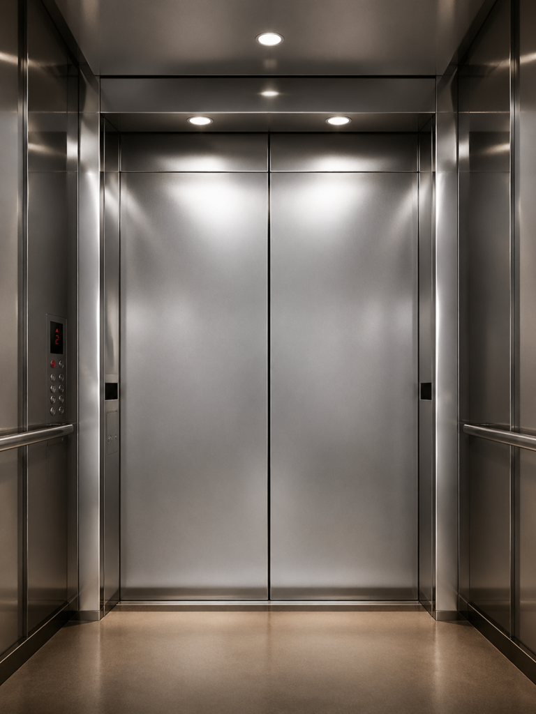 كابينة مصعد بجدران معدنية وإضاءة سقفية